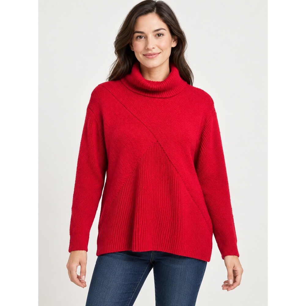 Talbots Petite Red Mixed Stitch Turtleneck Sweater Size MP Cotton Wool Blend